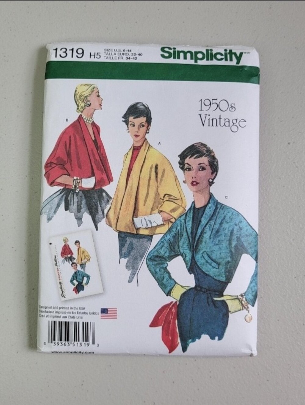 Simplicity 1319 Retro 1950s Swing Jacket Cape Pattern Size (6 8 10 12 14), Uncut